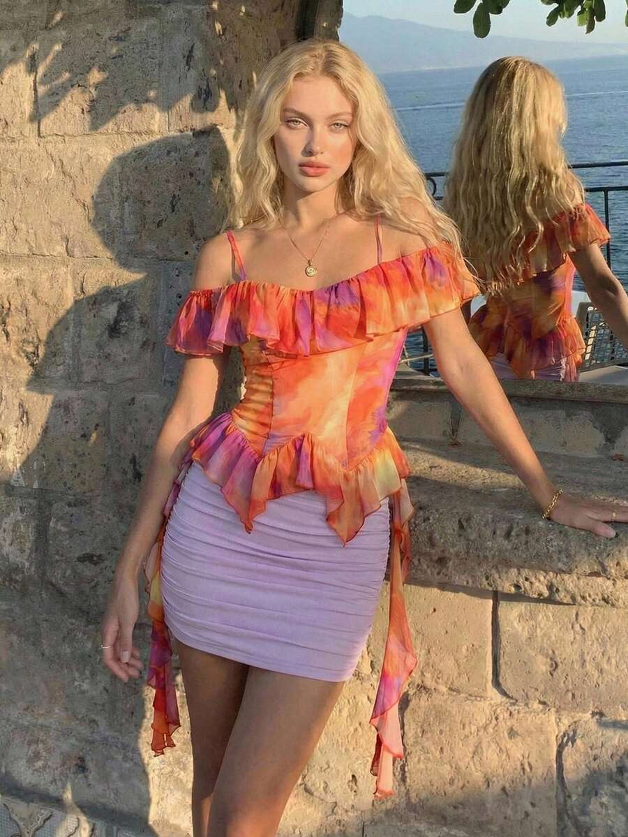 SHEIN MOD Áo kiểu trễ vai thời trang nhuộm tie-dye viền bèo nhún dành cho nữ, thích hợp cho kỳ nghỉ, lễ hội, ngày lễ, đi biển, ngày Valentine, sinh nhật, đi chơi. - Nhiều màu - Xem 1