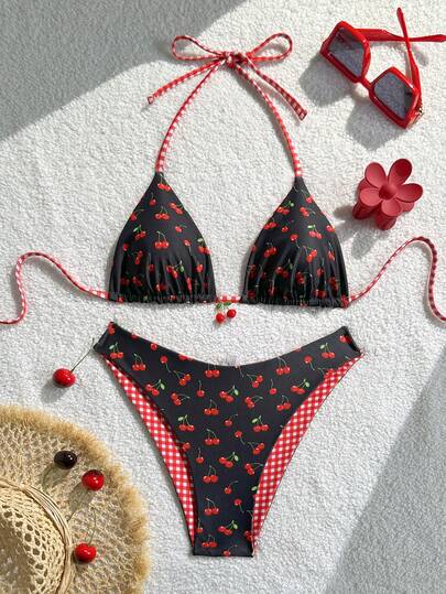 Swim Vcay Women's Halter Tie Cherry Print Backless 2 Pieces Swimsuit Set, Summer Holiday Beach