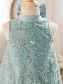 SHEIN Đầm không tay dáng suông, họa tiết hoa 3D và nơ bằng vải lưới dệt cho bé gái. - Màu xanh lam - Xem 8