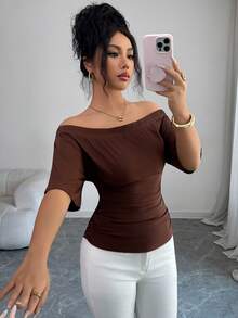 Elenzga 都市时尚新款弹力针织褶皱腰露肩上衣，适合日常穿着、婚礼、晚宴、通勤、毕业派对、节日、假期、约会、聚会、万圣节、圣诞节、新年、感恩节等场合。 - 棕色 - 查看 5