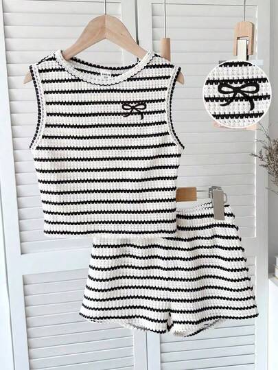 SHEIN Tween Girl Fitted Casual Minimalist Comfortable Round Neck Sleeveless Striped Bow Decor Top And Pants Set