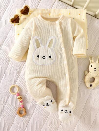 SHEIN Recién nacido bebé niña mono de una pieza de manga larga con conejo blanco bordado, estilo otoño e invierno, tela cómoda con moño rosa