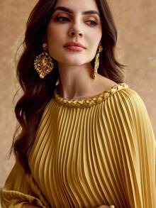 ZEYLAH Asymmetric Pleated Loose Long Dress, Spring - Butter Yellow - View 2