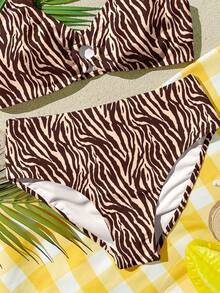 少女复古猎豹纹吊带泳衣套装，休闲修身吊带背心和泳裤，适合夏季海岛、海滩、度假、沙滩装 - 彩色 - 查看 8