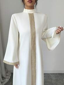 Elenzga Apricot Stand Collar Embroidered Lace Trim Slit Loose Lantern Sleeve Dress,Modest White And Gold Al-Adha Holiday Dinner Autumn Elegant Party Dress - Apricot - View 3