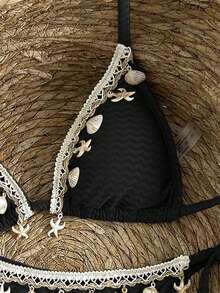 Swim Mod Women's Vacation Patchwork Crochet Strap Shell Decor Textured Fabric Tie Front Bikini Set For Summer - Black - View 5