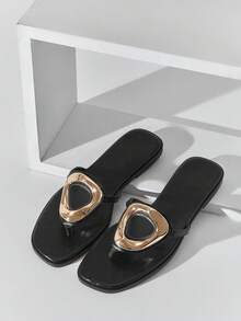 SHUZIA Elegantes sandalias planas de mujer de piel sintética negra con decoración de metal dorado, cómodas y con suela antideslizante, de estilo casual y elegante para uso en primavera, verano, vacaciones y playa - Negro - Ver 7
