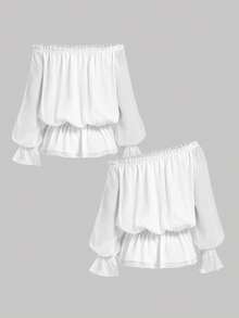 SHEIN MOD 女士优雅露肩荷叶边袖口上衣 - 白色 - 查看 4