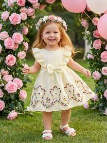 Glamorique Kids Baby Girls' Summer White Princess Style Bow Decor Ruffle Sleeve Dress, Elegant Floral Trim, Suitable For Outings, Photo Shoots, And Parties - Apricot - View 5