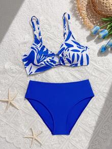 Tween Girl Blue Leaf Print Summer Vacation Bikini Set - Blue - View 3