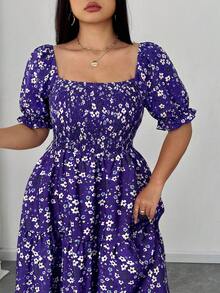 Elenzga Plus Size Summer Casual Ditsy Floral Square Neck Puff Sleeve Dress - Purple - View 2
