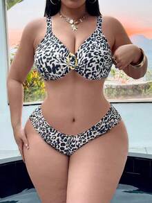 Swim SXY Plus Size Women 2-Piece Sexy Leopard Print Gold Ring Decor V-Neck Adjustable Strap Bikini Swimwear, Vacation - Multicolor - View 4