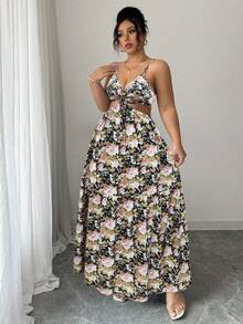 SHEIN Elenzya 大码女式藏蓝色和白色碎花V领露背系带蝴蝶结长裙，舒适休闲/派对装，夏季 - 彩色 - 查看 6