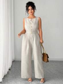 Mono elegante sin mangas para mujer con decoración de botones y cinturón, traje de tweed de alta calidad estilo mono de una pieza, casual para la oficina, citas, salidas - Gris Claro - Ver 7