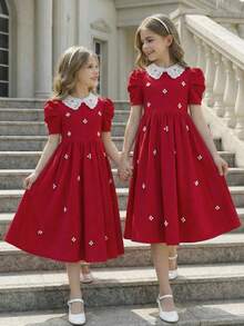 SHEIN 少女优雅红色撞色彼得潘领串珠短袖中长连衣裙 - 紅色 - 查看 5