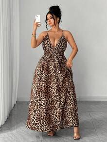SHEIN Elenzya 女士性感深V交叉露背豹纹连衣裙，热带度假风/高腰吊带长裙，显瘦日常装 - 彩色 - 查看 7