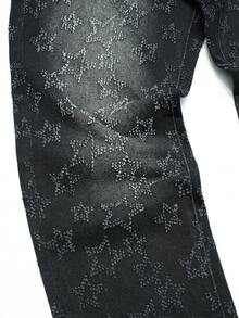 Manfinity LEGND Men's Hiphop Streetwear Starry Crochet Design Washed Black Straight Wide Leg Jeans - Black - View 3