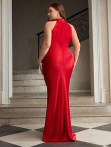 ZEYLAH Elegante vestido de sirena de cuello halter y largo - Rojo - Ver 3