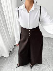 Elenzga 女士优雅新款斜纹高腰侧拉链可调节肩带休闲阔腿连体裤，适合通勤和日常穿着 - 咖啡棕 - 查看 5