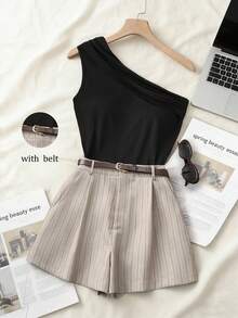 Franclia Women's Summer 2 Pieces Set Elegant Black One-Shoulder Ruched Fitted Camisole Top And Khaki Textured Black And White Striped Shorts With Belt Brunch - Khaki - View 3