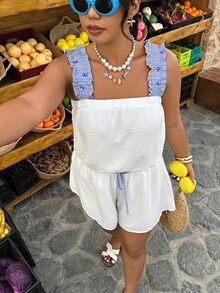 SHEIN Holidaya Setelan Kasual Liburan Musim Semi/Panas Wanita Ukuran Besar dengan Leher Persegi, Motif Garis-garis, dan Warna Kontras, Potongan A-Line. - Putih - View 2
