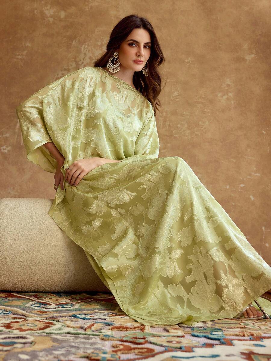 ZEYLAH Elegant Jacquard Flare Sleeve Loose Dress, Vacation Style, Spring/Autumn - Green - View 1