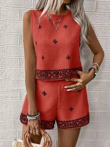 SHEIN LUNE Women's Summer Vacation Graphic Print Tank Top And Shorts 2 Pieces Set - Red - View 5