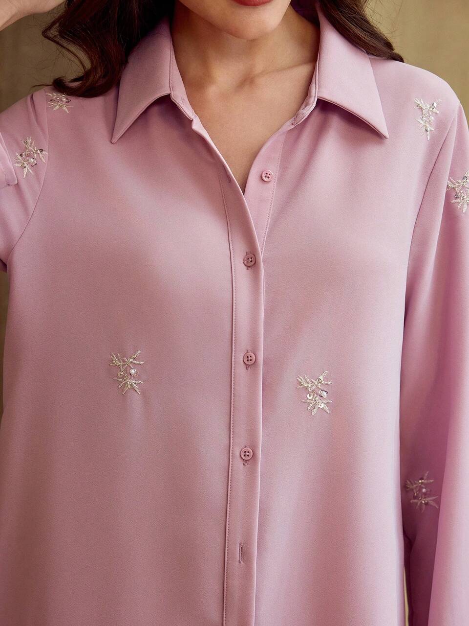ZEYLAH Embroidered Long Shirt And Straight Leg Pants Set, Spring/Summer