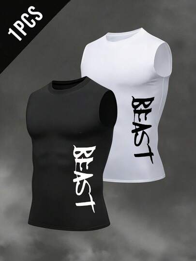 Manfinity Sport Corelite Men's Letter Print Crew Neck Tight Fit Sleeveless Sports Tank Top