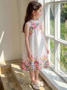 SHEIN 女童无袖碎花休闲雪纺连衣裙 女童复活节连衣裙 碎花女童连衣裙 女童碎花图案夏季连衣裙 女童无袖A字休闲连衣裙 象牙色女童连衣裙 - 白色 - 查看 3