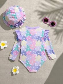 Sparklyn Baby Girls'Colorful Purple & Pink Cute Floral Ruffled Long Sleeve One-Piece Swimsuit With Hat,Holiday Stretchy & Comfortable Rash Guard Bathing Suit - Multicolor - View 3