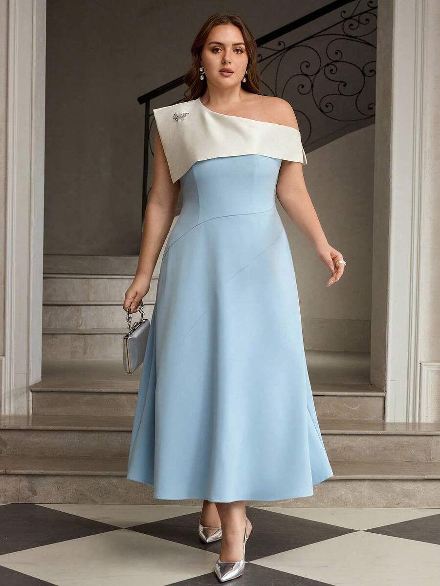 ZEYLAH Vestido midi elegante com ombros assimétricos, blocos de cor e cintura estruturada, para primavera/verão. - Baby Azul - Ver 1
