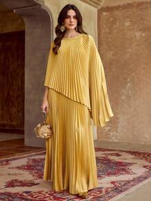 ZEYLAH Asymmetric Pleated Loose Long Dress, Spring - Butter Yellow - View 4