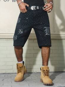 Manfinity EMRG Men's American Street Hip Hop Gothic Style Rhinestone Embellished Washed Black Denim Shorts, Suitable For Party And Casual Wear - Black - View 6