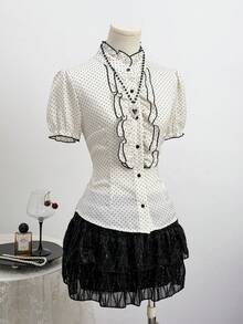 Elamini 两件套：女士白色波点荷叶边撞色纽扣短袖衬衫 + 黑色多层蛋糕裙，春夏秋季 - 黑與白 - 查看 4