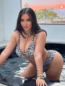 Swim SXY Plus Size Women 2-Piece Sexy Leopard Print Gold Ring Decor V-Neck Adjustable Strap Bikini Swimwear, Vacation - Multicolor - View 6