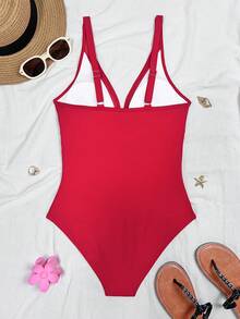 SHEIN Swim 大码女士沙滩度假连体泳衣 - 紅色 - 查看 2