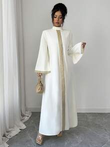 Elenzga Apricot Stand Collar Embroidered Lace Trim Slit Loose Lantern Sleeve Dress,Modest White And Gold Al-Adha Holiday Dinner Autumn Elegant Party Dress - Apricot - View 6