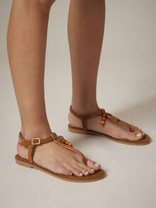 SHUZIA Women Comfy Vacation Casual Colorful Beads Decor Ankle Strap Flat Sandals - Maroon - View 2