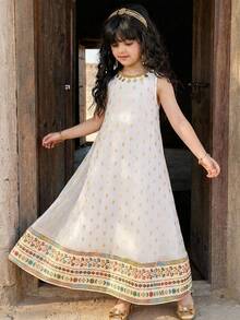 SHEIN Young Girl Elegant White Summer Party Gold Foil Print Sleeveless Dress,Cute Floral & Cartoon Print Casual Modest Kaftan,Jalabiya Muslim Kids Dresses - Gold - View 2