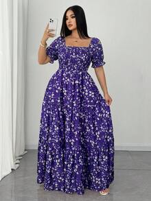 Elenzga Plus Size Summer Casual Ditsy Floral Square Neck Puff Sleeve Dress - Purple - View 4