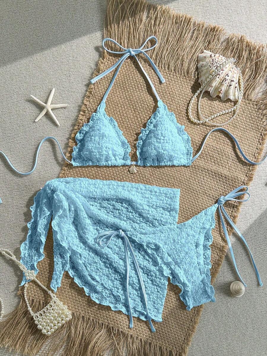 Swim Mod Bộ 3 món, áo ngực tam giác buộc dây cổ màu trơn, chất liệu vải dệt hoa văn, trang trí vỏ ngọc trai giả, viền ren xếp nếp, quần bơi buộc dây bên hông và váy ngắn, bộ đồ bơi gợi cảm mùa xuân/hè, bộ đồ bơi móc len 3 mảnh, bộ bikini móc len, bộ đồ bơi hai mảnh đi biển. - Màu xanh nhạt - Xem 1