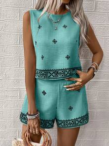 SHEIN LUNE 女士夏季度假印花背心和短裤两件套 - 水鴨藍 - 查看 5