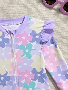 Sparklyn Baby Girls'Colorful Purple & Pink Cute Floral Ruffled Long Sleeve One-Piece Swimsuit With Hat,Holiday Stretchy & Comfortable Rash Guard Bathing Suit - Multicolor - View 4