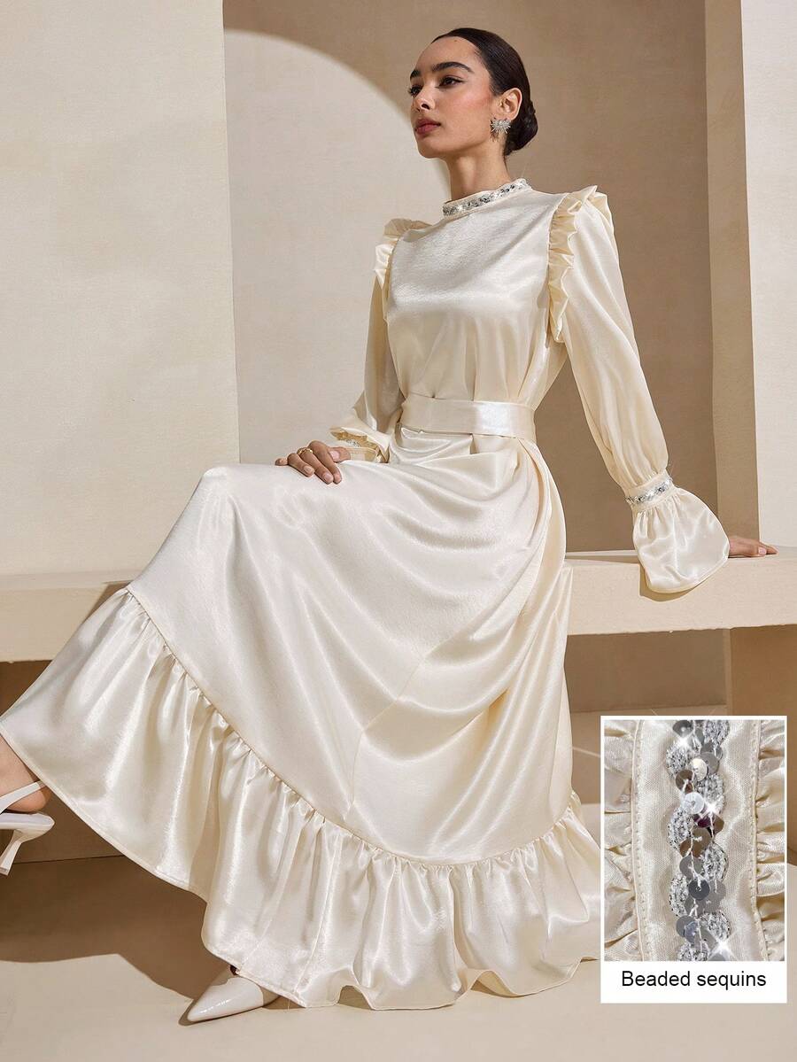 Graceveil Đầm dự tiệc thanh lịch, tay phồng, đính sequin, thắt eo, phối nhiều mảnh, bóng bẩy, kiểu dáng rộng rãi.