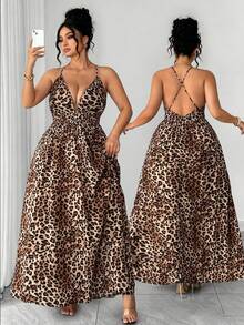 SHEIN Elenzya 女士性感深V交叉露背豹纹连衣裙，热带度假风/高腰吊带长裙，显瘦日常装 - 彩色 - 查看 3