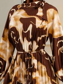 GlowEve 优雅棕色多色中长连衣裙，褶裥设计，超长袖，棕色连衣裙，奢华连衣裙，大地色系连衣裙，迷彩连衣裙 - 彩色 - 查看 2