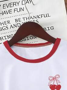 Tween Girls Spring And Summer Casual Fashion Creative Personalized Fresh Elegant Minimalist Heart Cherry Bow Contrast Color Graphic Print Comfortable T-Shirt, Cozy Spring And Summer Styles Suitable For Girls, Atmosphere Feeling Tops For Daily Casual Versatile Matching, Suitable For Girls Home And Outdoor Wear All Seasons Short Sleeve T Shirt Aesthetic Teen Girl Shirts Cute T Shirt Preppy T-Shirt Cherry T Shirt - Multicolor - View 6