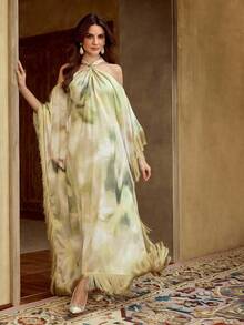 ZEYLAH Elegant Batik Floral Print Off-Shoulder Tassel Decor Loose Dress, Vacation Style - Apricot - View 2