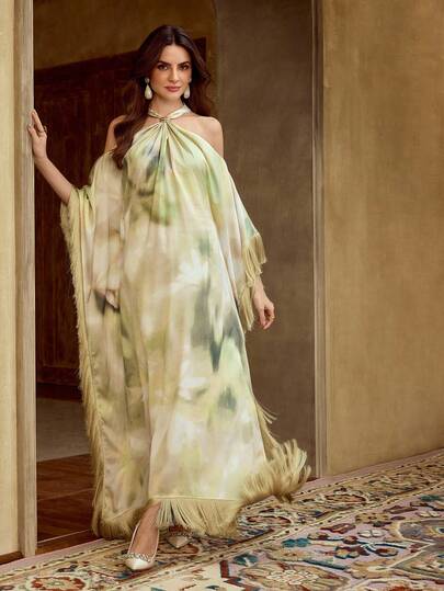 ZEYLAH Elegant Batik Floral Print Off-Shoulder Tassel Decor Loose Dress, Vacation Style